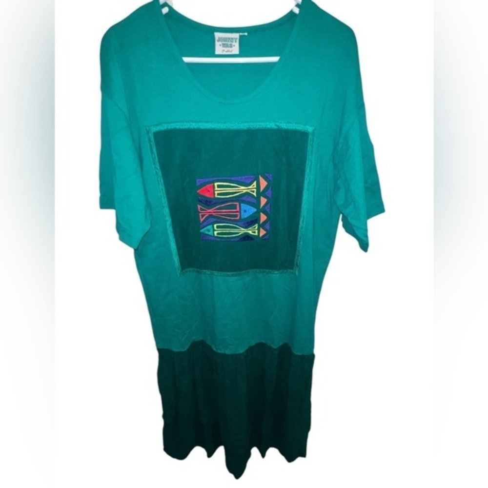 Vintage🐠Johnny Was 90s Teal Embroidered Appliqué Fish Short Sleeve Maxi Dress M